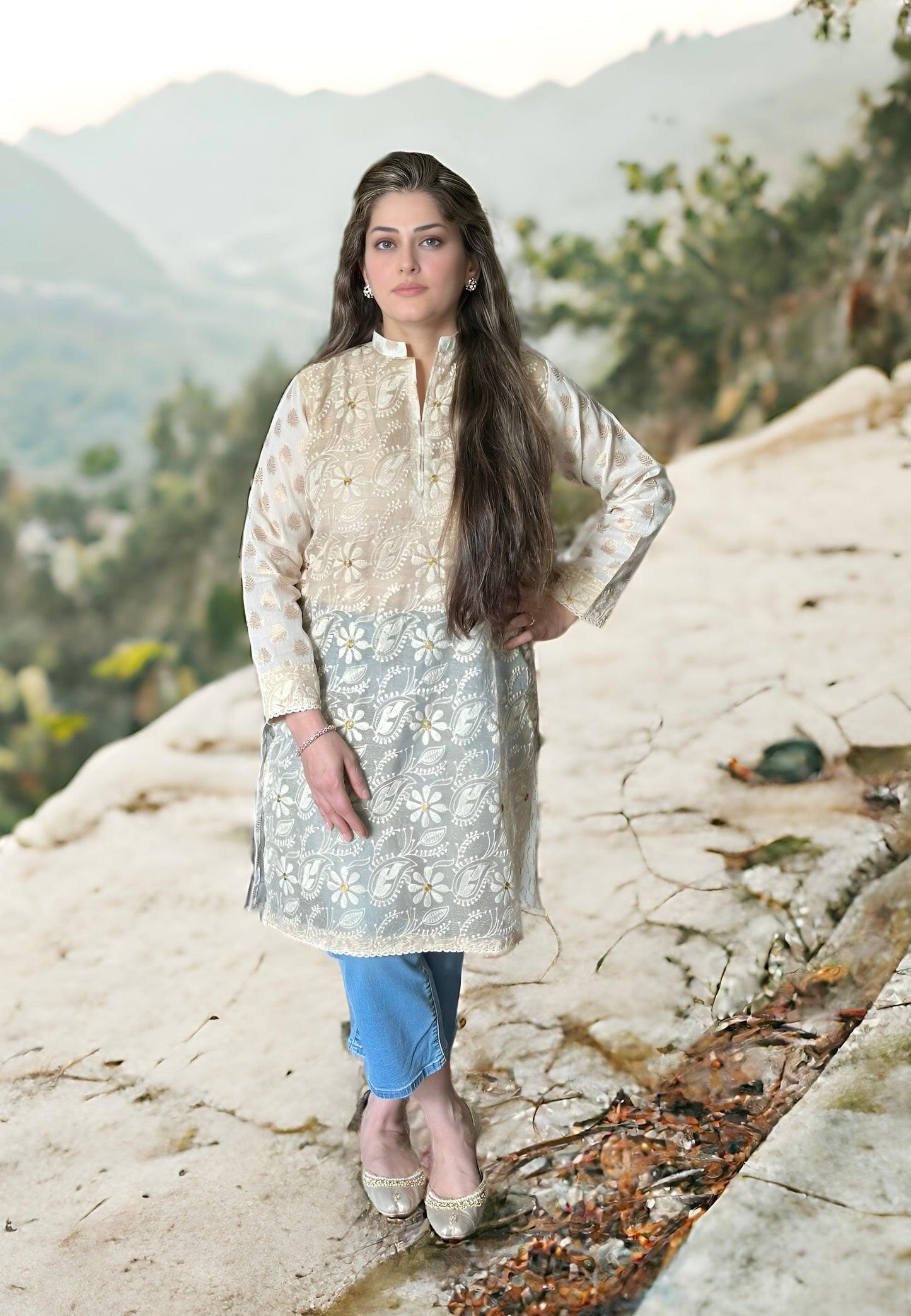 Exquisite Full Embroidery Shirt with Thread and Tila Work