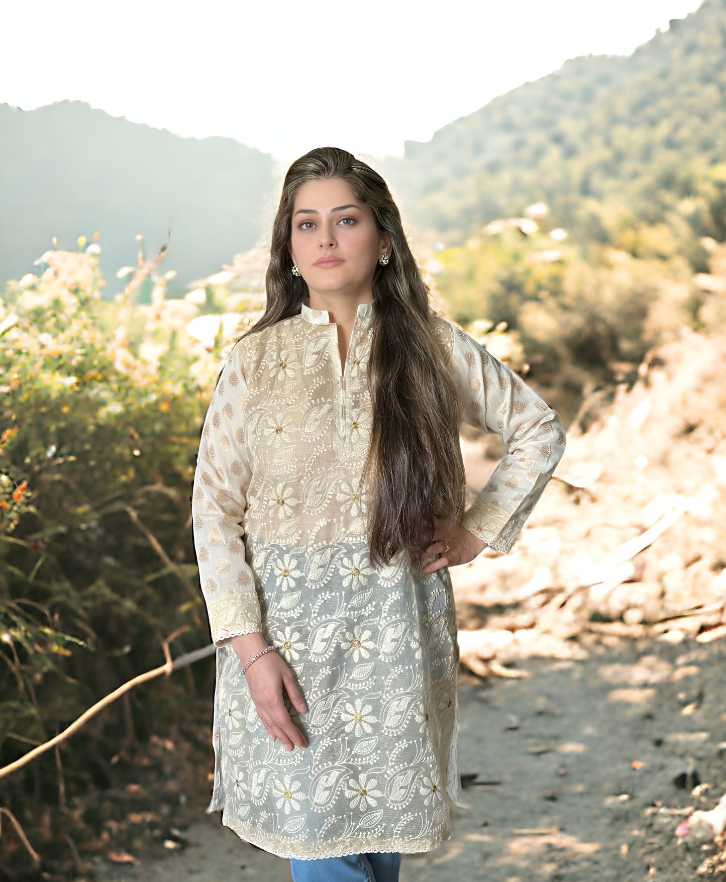 Exquisite Full Embroidery Shirt with Thread and Tila Work