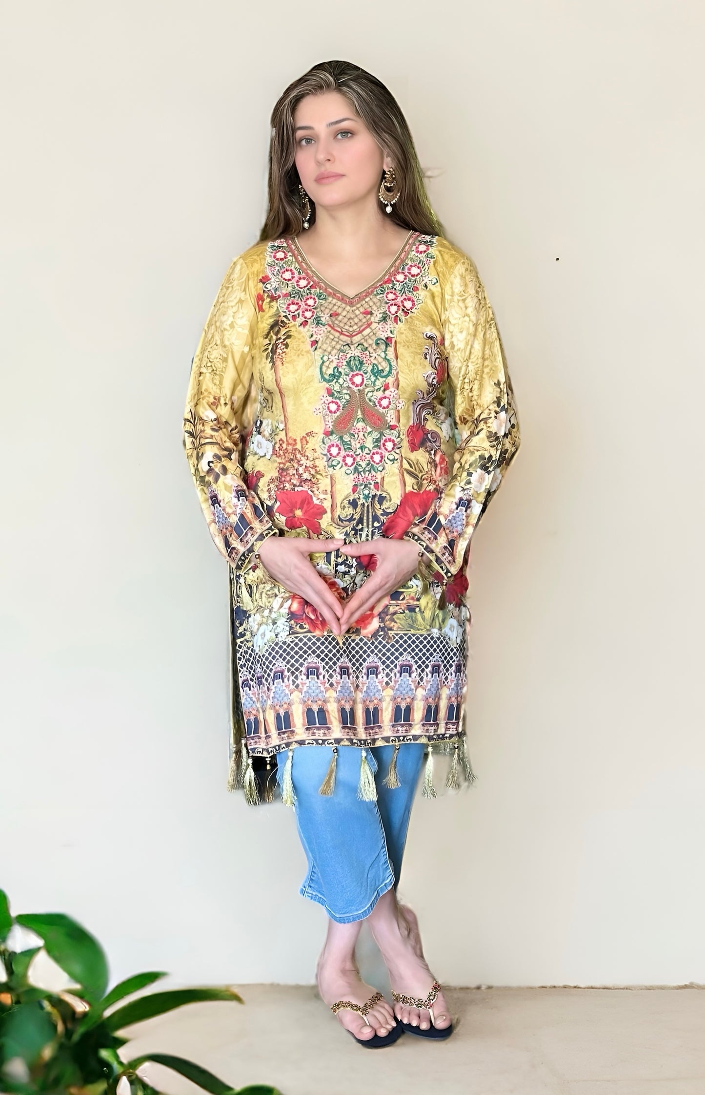 Elegant Embroidered Shirt with Pearl Tassel Detailing