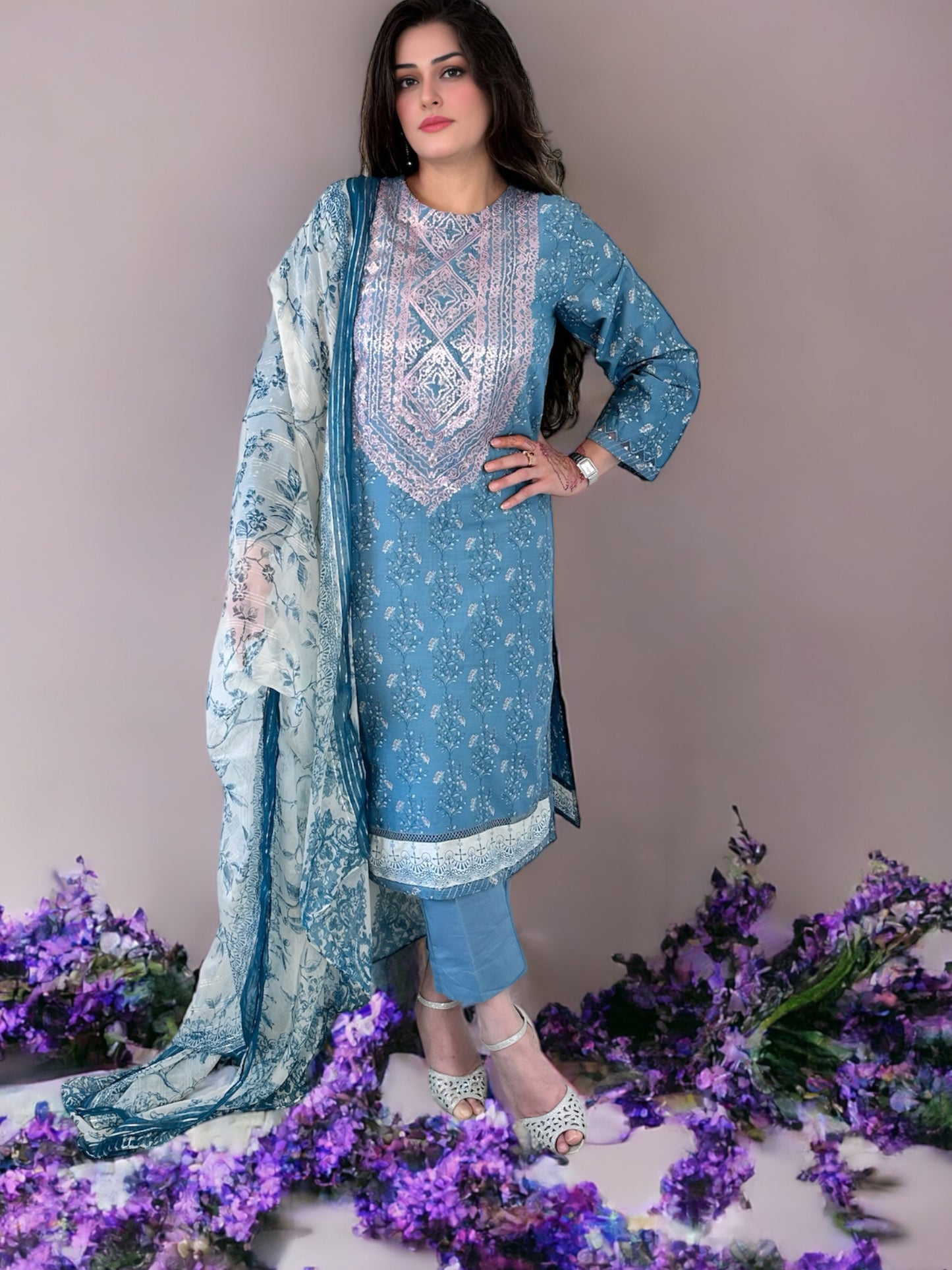 Elegance Redefined: Sitara Embellished Lawn Three-Piece Suit