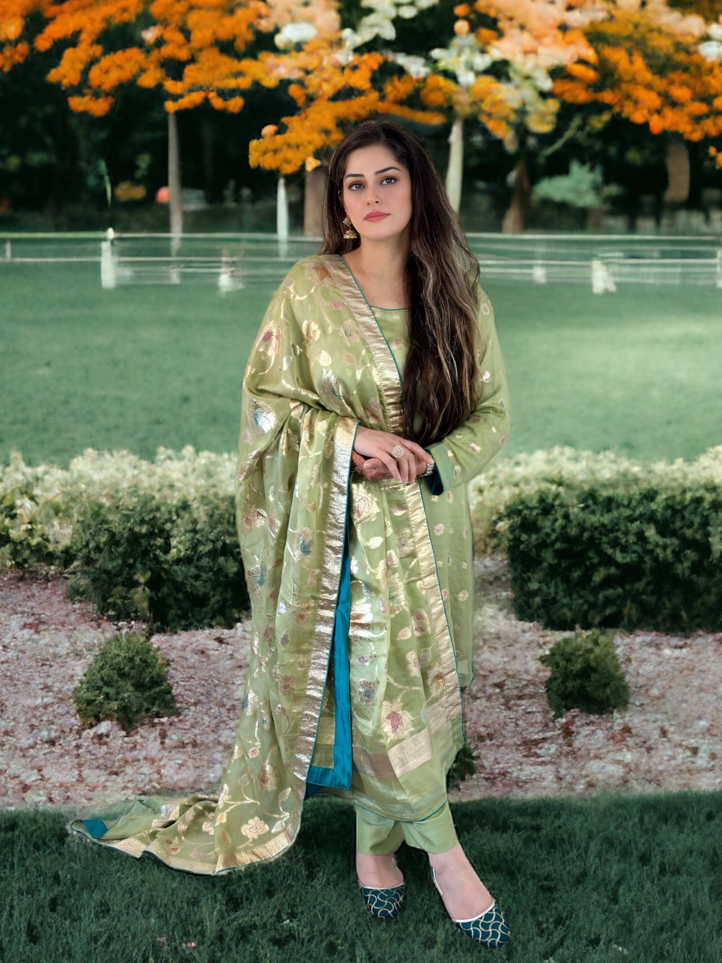 Classic Charm: Chiffon Jamawar Three-Piece Suit with Elegant Ribbon Detailing