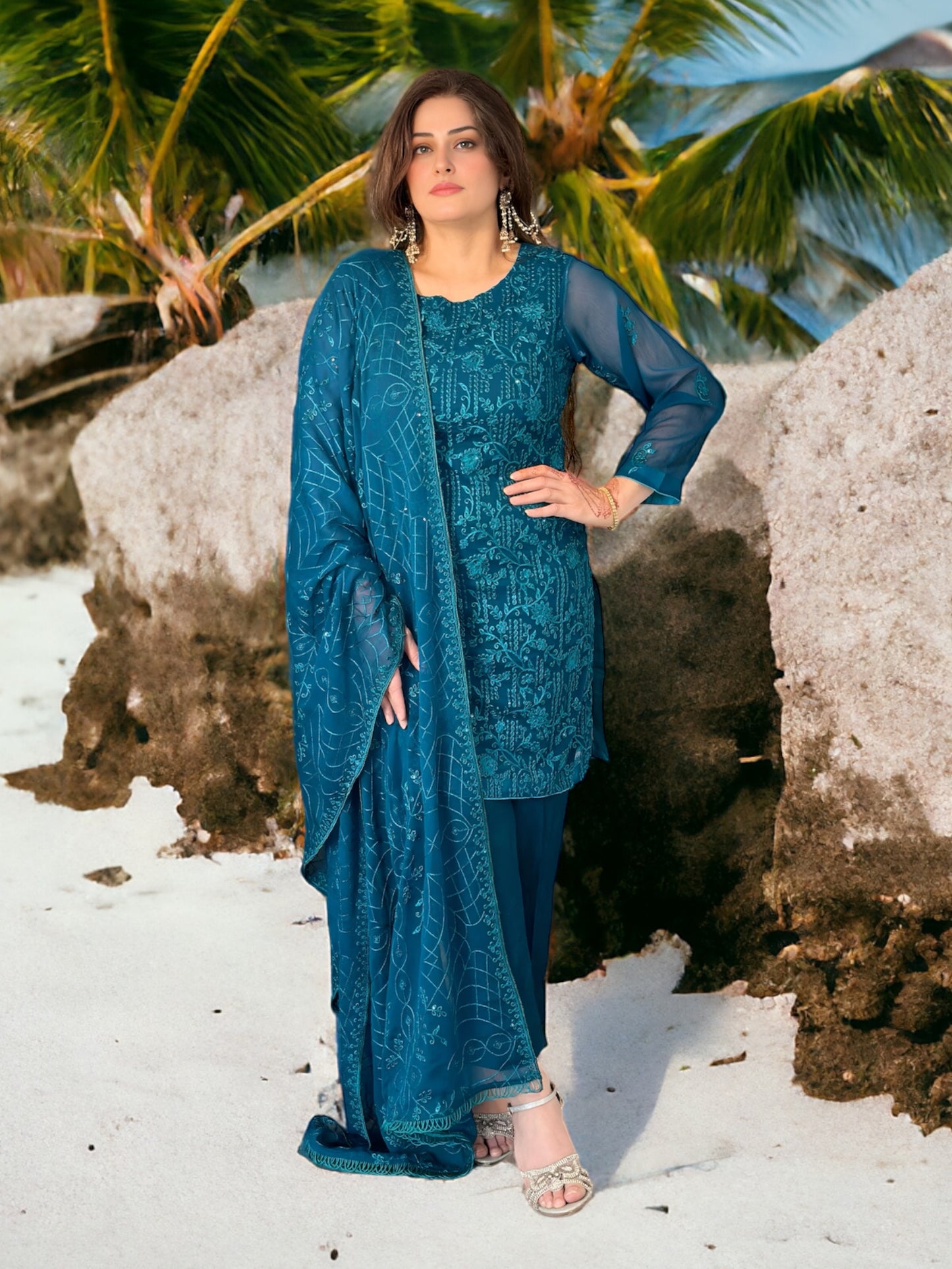 Timeless Elegance: Embroidered Sitara Chiffon Three-Piece Suit