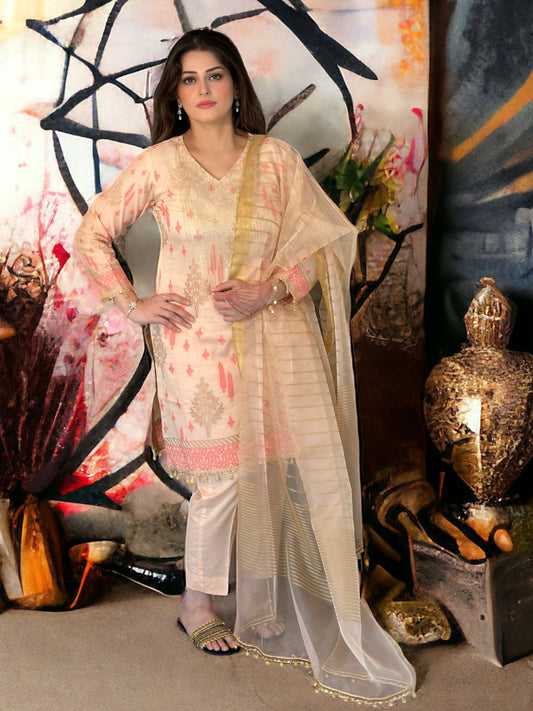 Timeless Elegance: Embroidered Cotton Three-Piece Suit