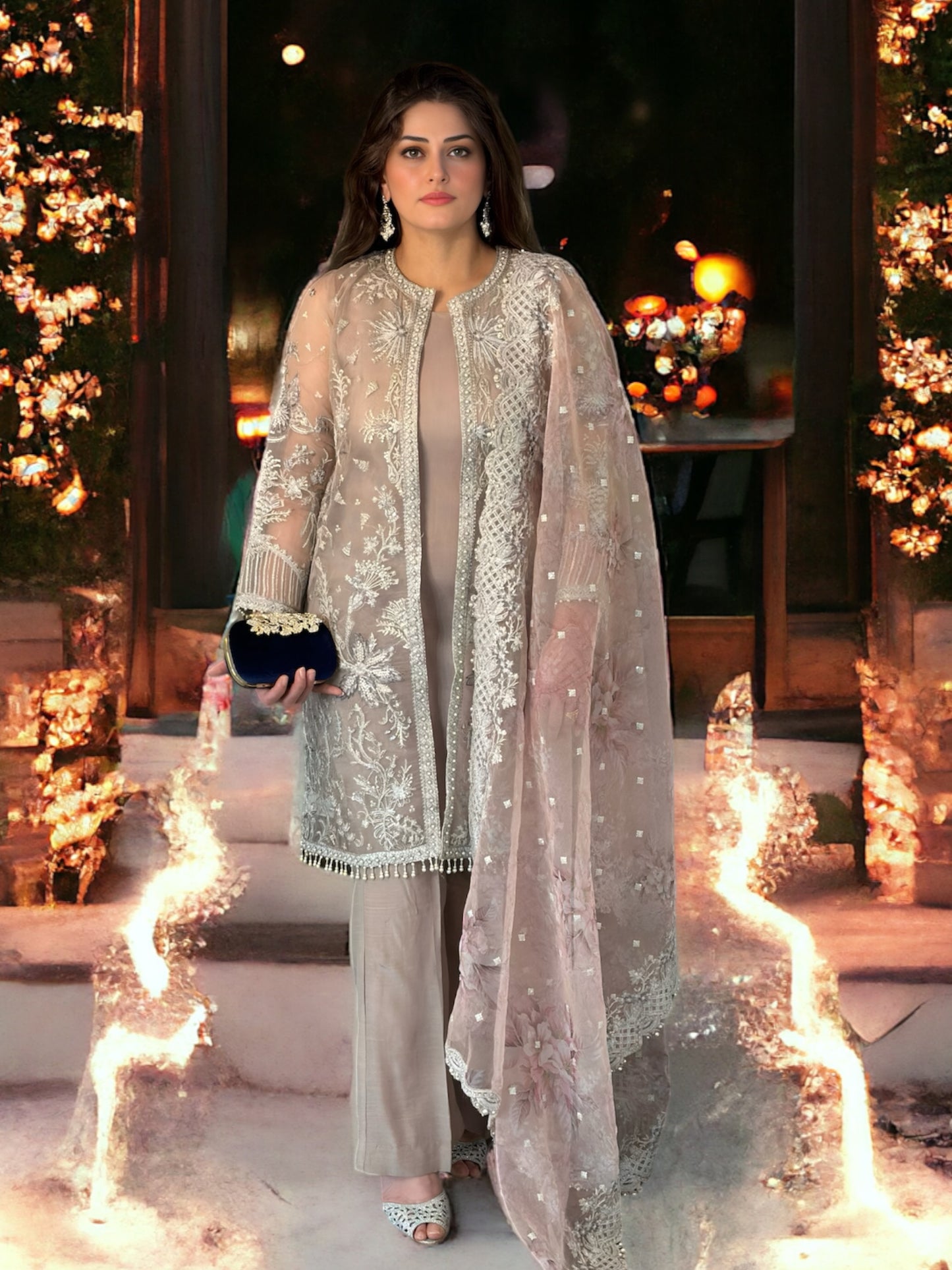 Elegant Ensemble: Tissue Three-Piece Suit with Open Gown