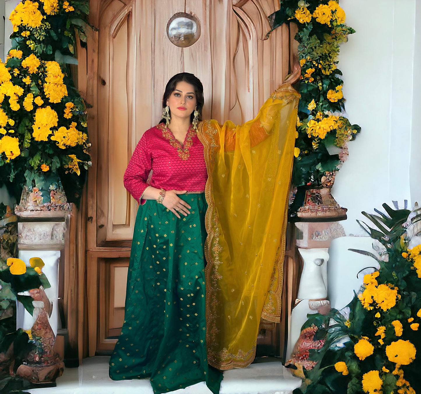 Radiant Splendor: Shocking Pink Embroidered Three-Piece Suit