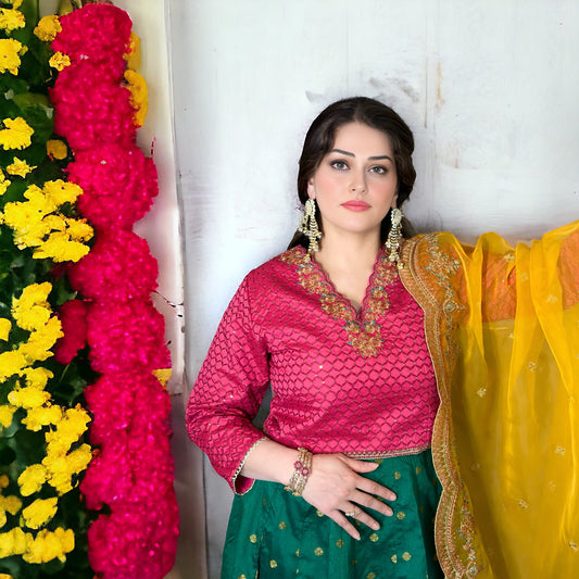 Radiant Splendor: Shocking Pink Embroidered Three-Piece Suit