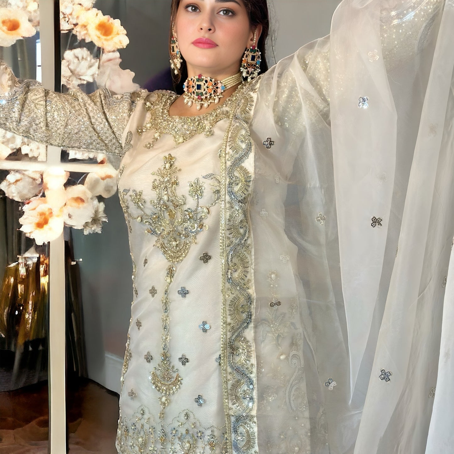 Timeless Beauty - Off-White Pishwas with Exquisite Embroidery and Embellishments